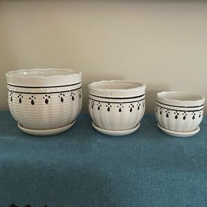 White Ceramic Planter Pots with Black Accent - Set of 3